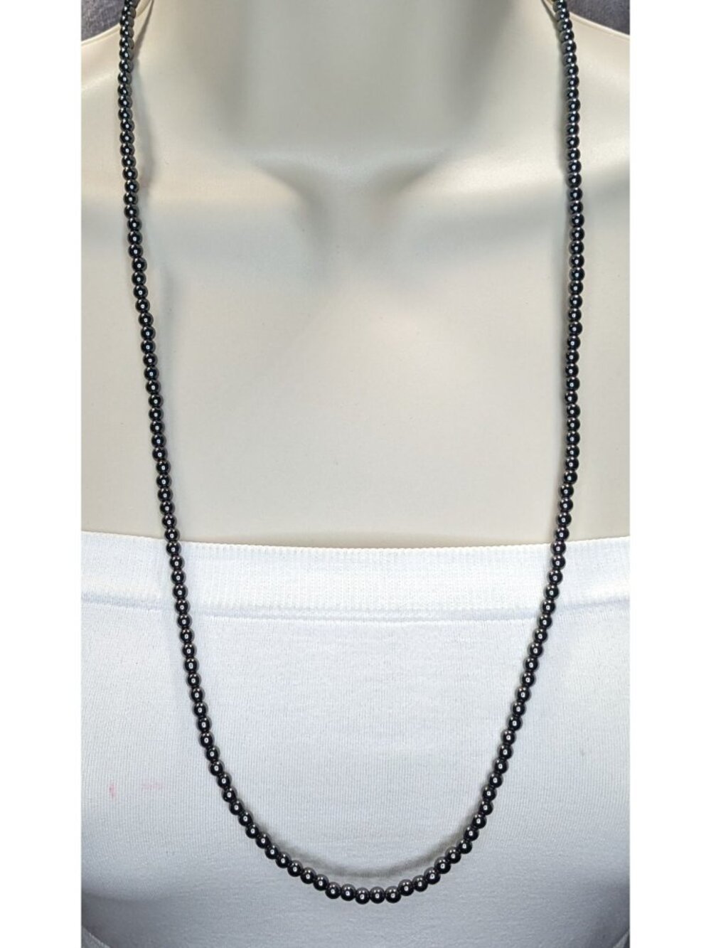 Hematite Beaded Necklace Long 27 Inches Polished Gemstone Jewelry